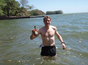 Cooling off with a beer halfway through the 100k